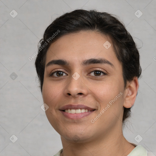 Joyful white young-adult female with short  brown hair and brown eyes