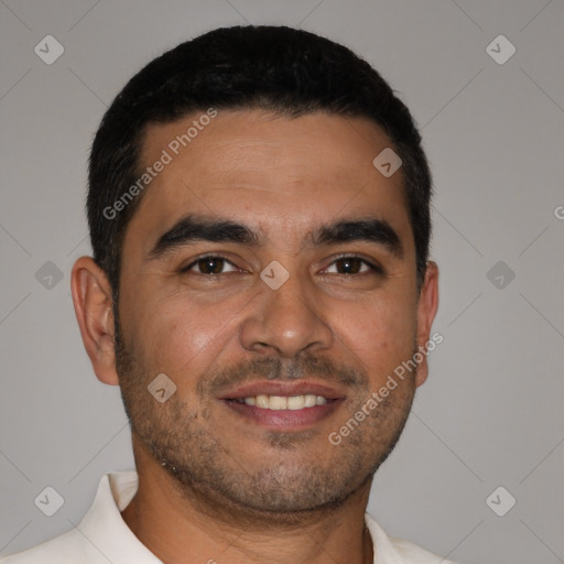 Joyful latino young-adult male with short  black hair and brown eyes