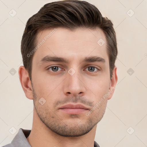 Neutral white young-adult male with short  brown hair and brown eyes