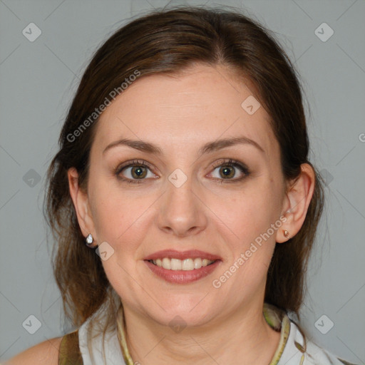 Joyful white young-adult female with medium  brown hair and blue eyes