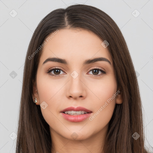 Neutral white young-adult female with long  brown hair and brown eyes