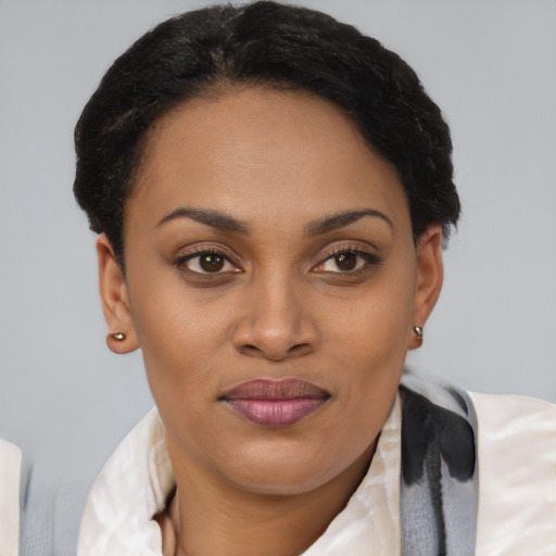 Joyful latino young-adult female with short  brown hair and brown eyes