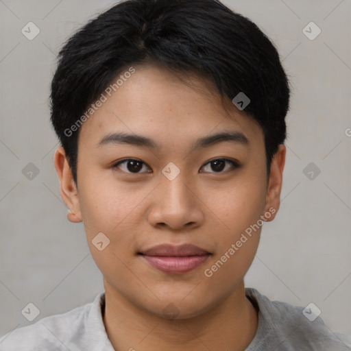 Joyful asian young-adult female with short  brown hair and brown eyes