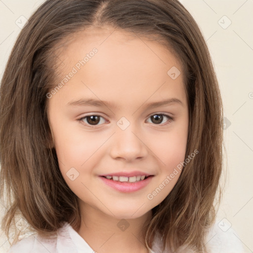 Joyful white child female with medium  brown hair and brown eyes