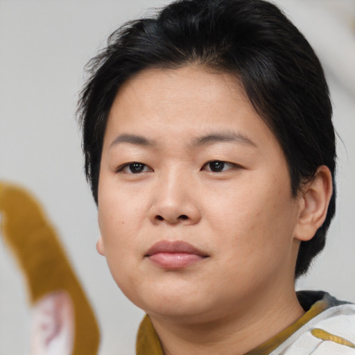 Neutral asian young-adult female with short  brown hair and brown eyes