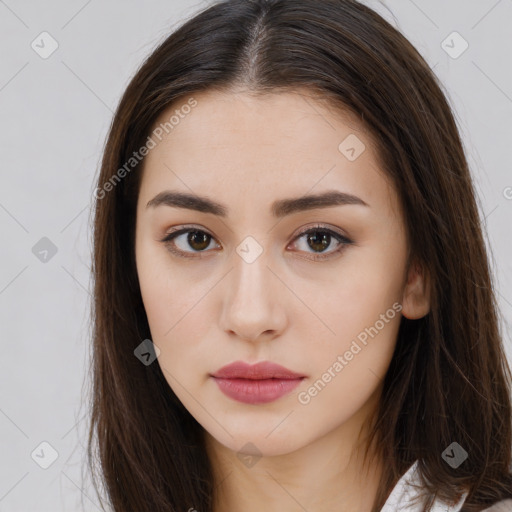 Neutral white young-adult female with long  brown hair and brown eyes