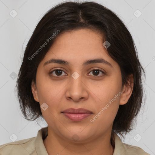 Joyful white young-adult female with medium  brown hair and brown eyes