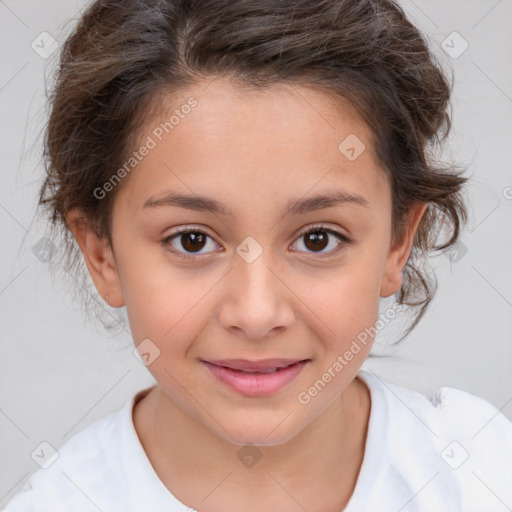 Joyful white child female with medium  brown hair and brown eyes