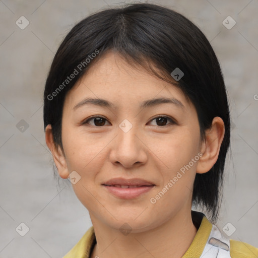 Joyful asian young-adult female with medium  brown hair and brown eyes