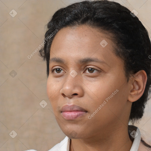 Neutral white young-adult female with short  brown hair and brown eyes