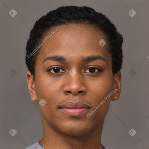 Joyful black young-adult female with short  brown hair and brown eyes