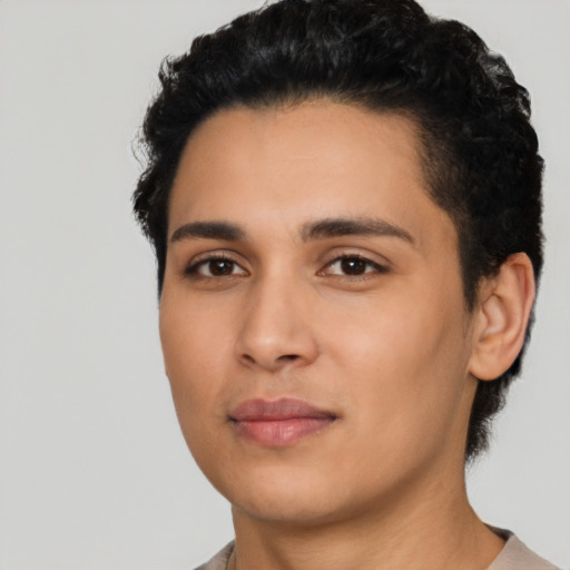Joyful latino young-adult female with short  black hair and brown eyes