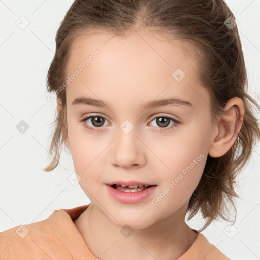 Joyful white child female with medium  brown hair and brown eyes