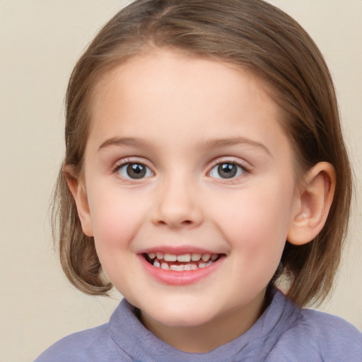 Joyful white child female with medium  brown hair and grey eyes