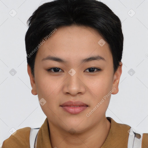 Neutral asian young-adult female with short  black hair and brown eyes