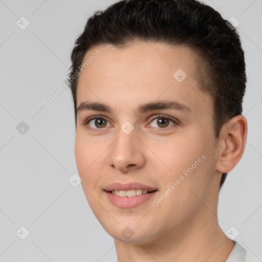 Joyful white young-adult female with short  brown hair and brown eyes