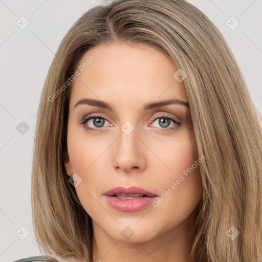 Neutral white young-adult female with long  brown hair and green eyes