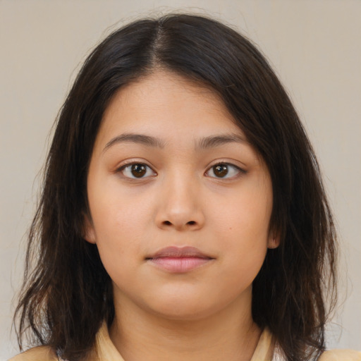 Neutral asian young-adult female with medium  brown hair and brown eyes