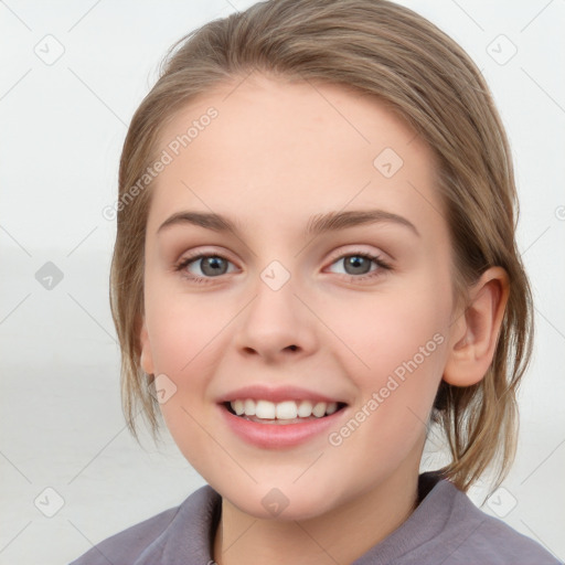 Joyful white young-adult female with medium  brown hair and blue eyes