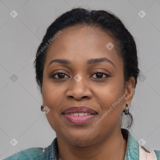 Joyful latino young-adult female with short  black hair and brown eyes