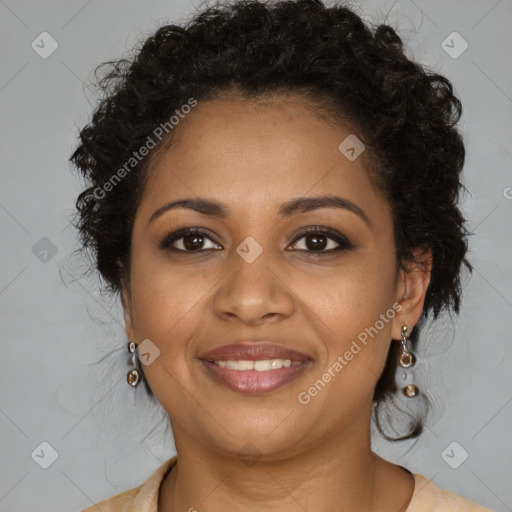 Joyful black young-adult female with long  brown hair and brown eyes