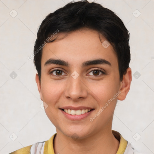 Joyful white young-adult female with short  brown hair and brown eyes