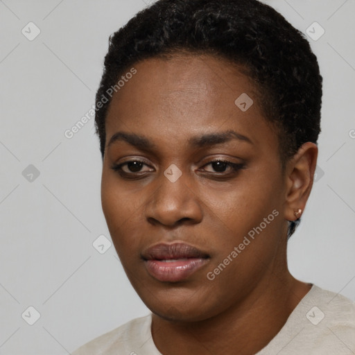 Neutral black young-adult female with short  black hair and brown eyes