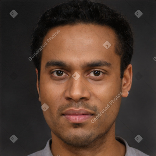 Neutral latino young-adult male with short  black hair and brown eyes