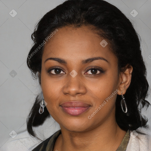 Joyful black young-adult female with medium  black hair and brown eyes