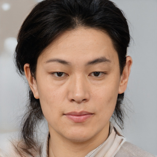 Neutral asian adult female with medium  brown hair and brown eyes