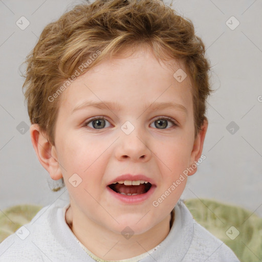 Joyful white child female with short  brown hair and blue eyes