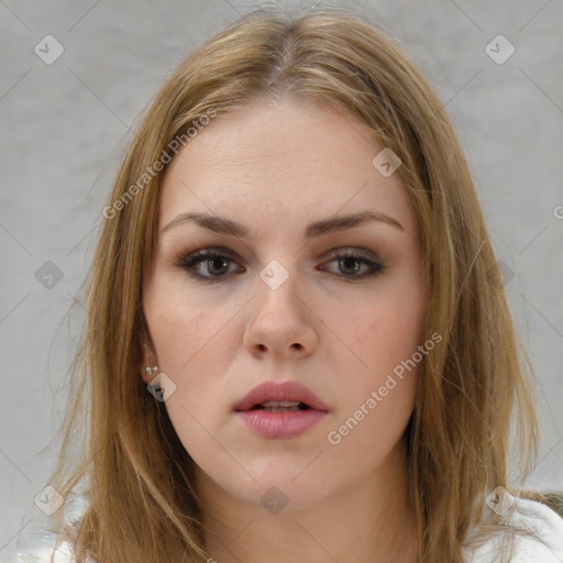 Neutral white young-adult female with medium  brown hair and brown eyes