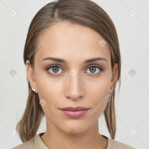 Neutral white young-adult female with medium  brown hair and brown eyes