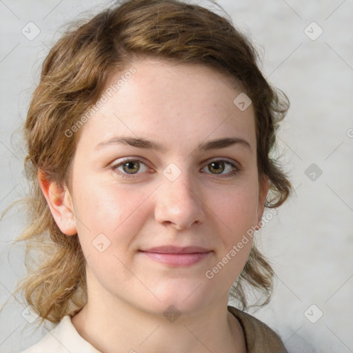 Joyful white young-adult female with medium  brown hair and green eyes