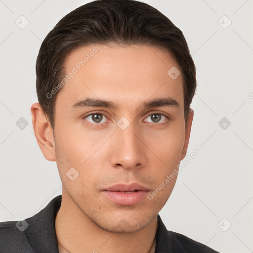 Neutral white young-adult male with short  brown hair and brown eyes