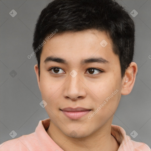 Joyful latino young-adult male with short  black hair and brown eyes