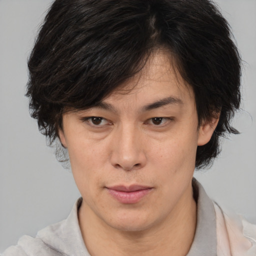 Neutral asian adult female with medium  brown hair and brown eyes