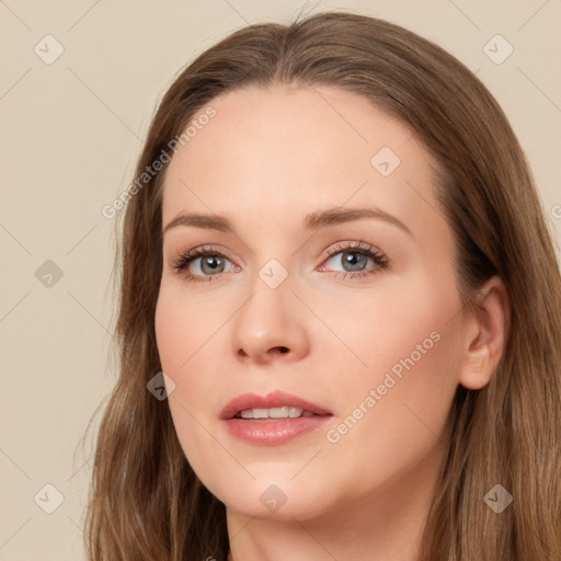 Neutral white young-adult female with long  brown hair and grey eyes