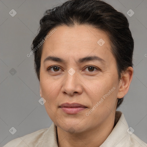 Joyful white adult female with short  brown hair and brown eyes