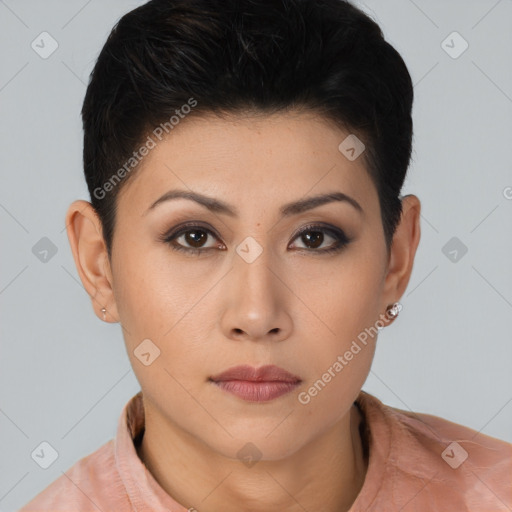 Neutral asian young-adult female with short  brown hair and brown eyes