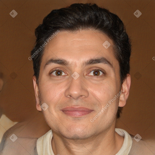 Joyful white adult male with short  brown hair and brown eyes