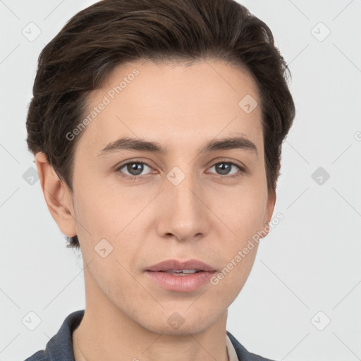 Neutral white young-adult male with short  brown hair and brown eyes