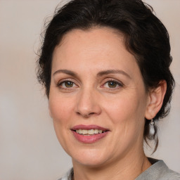 Joyful white adult female with medium  brown hair and blue eyes