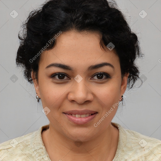 Joyful latino young-adult female with short  brown hair and brown eyes