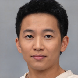 Neutral asian young-adult male with short  black hair and brown eyes