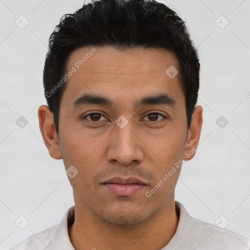 Neutral asian young-adult male with short  black hair and brown eyes