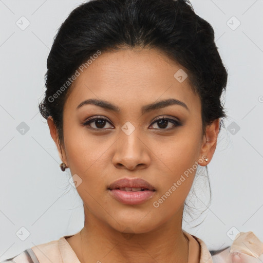 Joyful latino young-adult female with short  brown hair and brown eyes