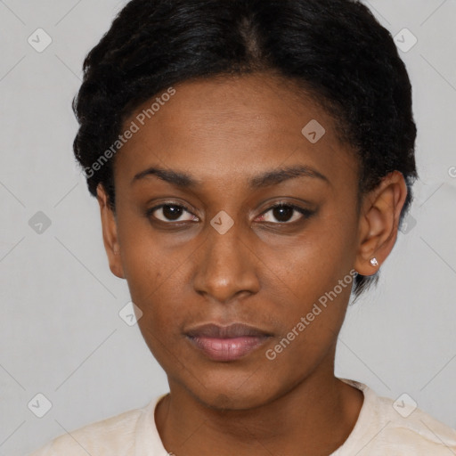 Neutral black young-adult female with short  black hair and brown eyes