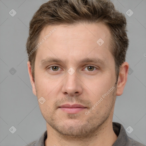 Neutral white young-adult male with short  brown hair and grey eyes