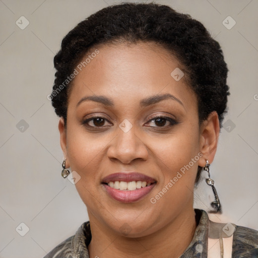 Joyful latino young-adult female with short  brown hair and brown eyes